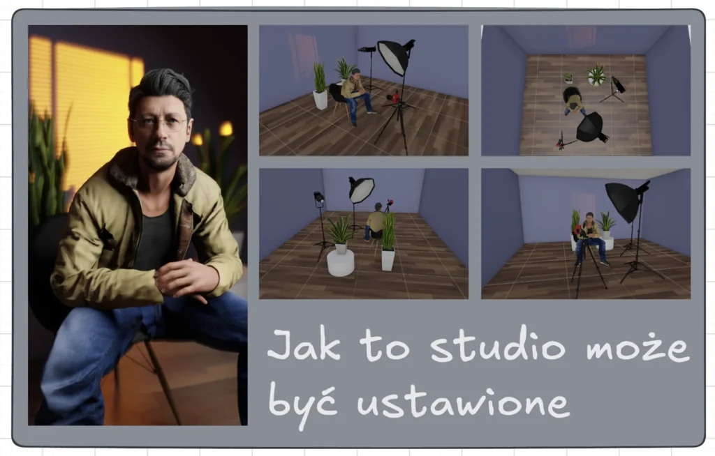 Cztery widoki tego samego ustawienia: fotel przy ścianie z wzorem z projektora, lampa z softboxem z boku, aparat na statywie i rośliny w tle.