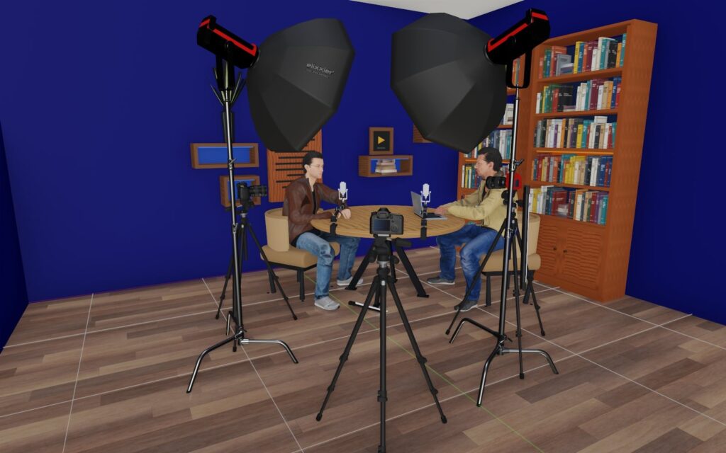 Ustawienie świateł w studiu Rymanowski Live: dwa softboxy z gridem na statywach od strony kamer